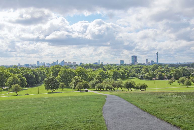 Expansive green park with a winding path, dotted trees, against a backdrop of a distant city skyline under a cloudy sky.