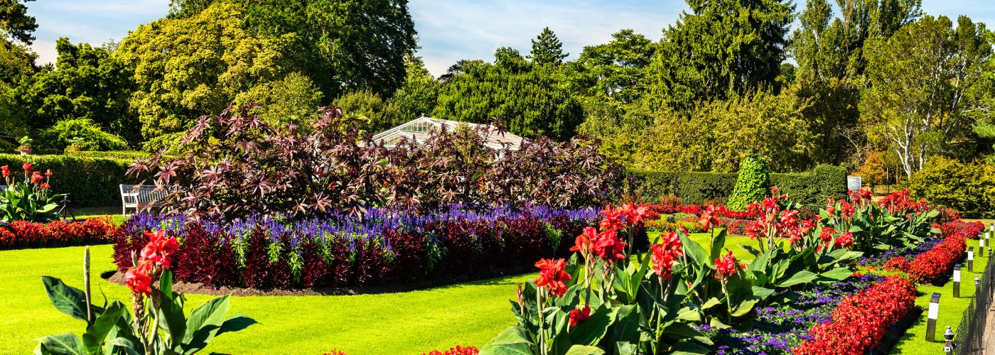 A panoramic view of a well-manicured garden with colorful flower beds, a greenhouse, and lush trees under a clear blue sky.