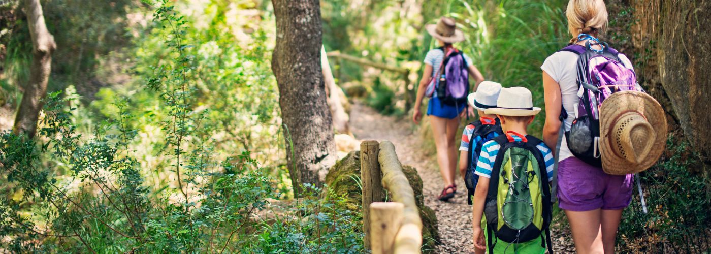 A family hikes along a forest trail, adults and children with backpacks, surrounded by greenery in daylight.