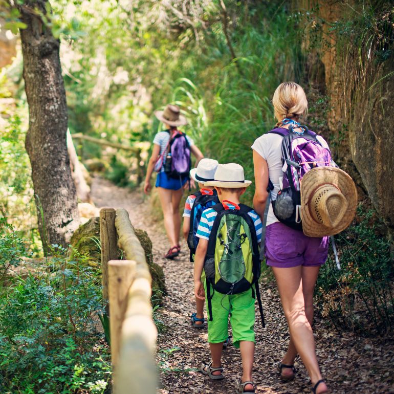 A family hikes along a forest trail, adults and children with backpacks, surrounded by greenery in daylight.