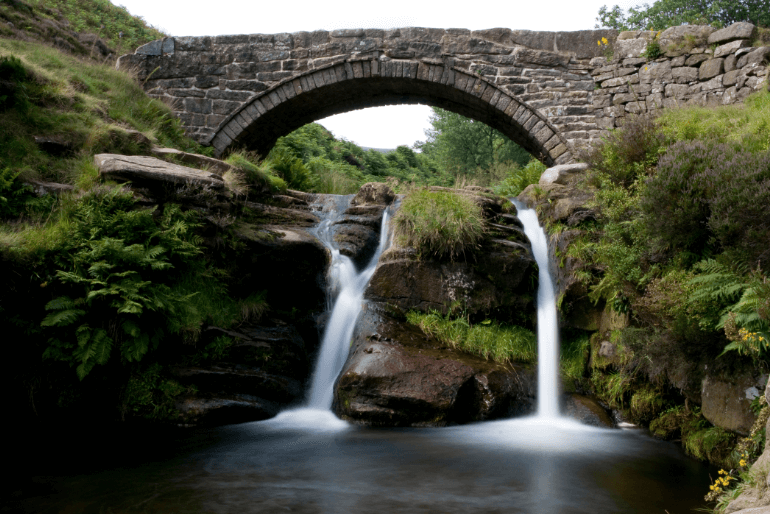 Stone bridge over a serene waterfall surrounded by lush greenery in a tranquil nature setting.