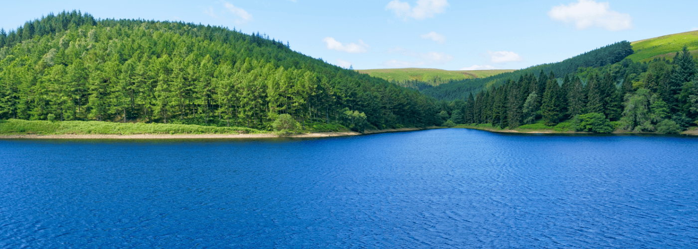 A serene lake with a background of densely wooded hills under a clear blue sky.